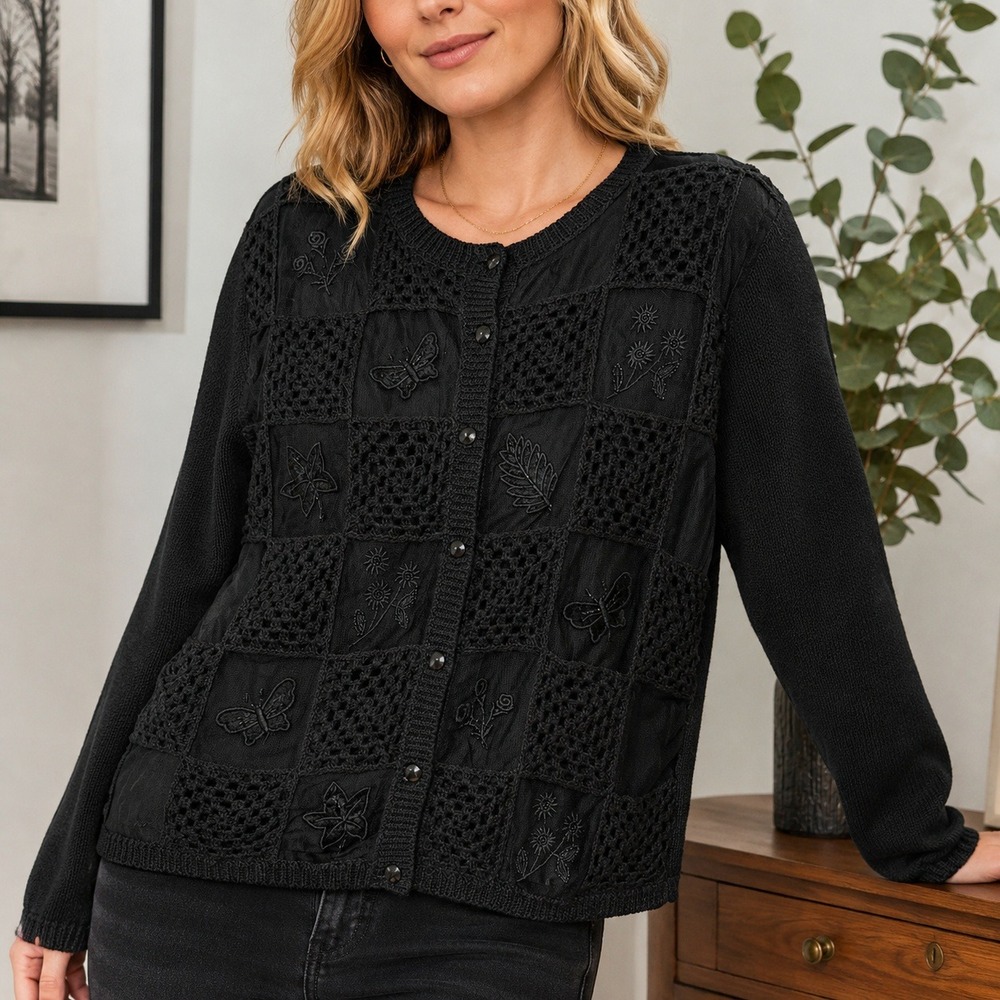 Vintage Teddi Cardigan M Black Crochet Embroidered Butterfly Whimsigoth